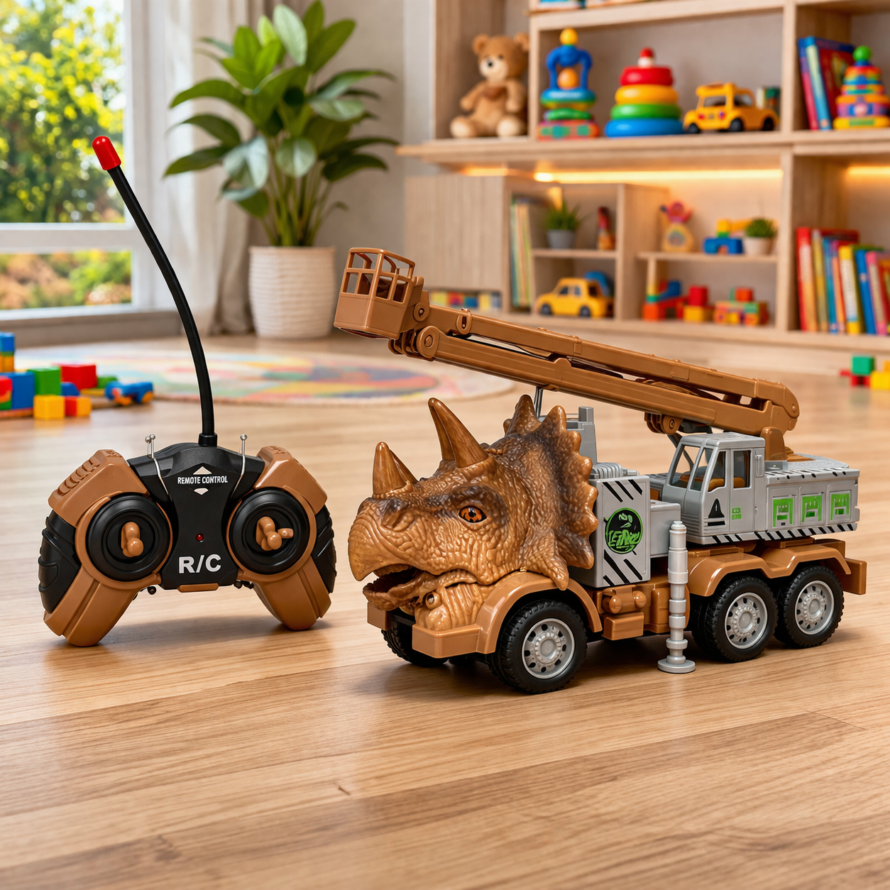 Remote Control Dinosaur Truck Toy with Crane | RC Construction Vehicle for Kids | Rechargeable R/C Dino Truck with Controller (3+ Years)