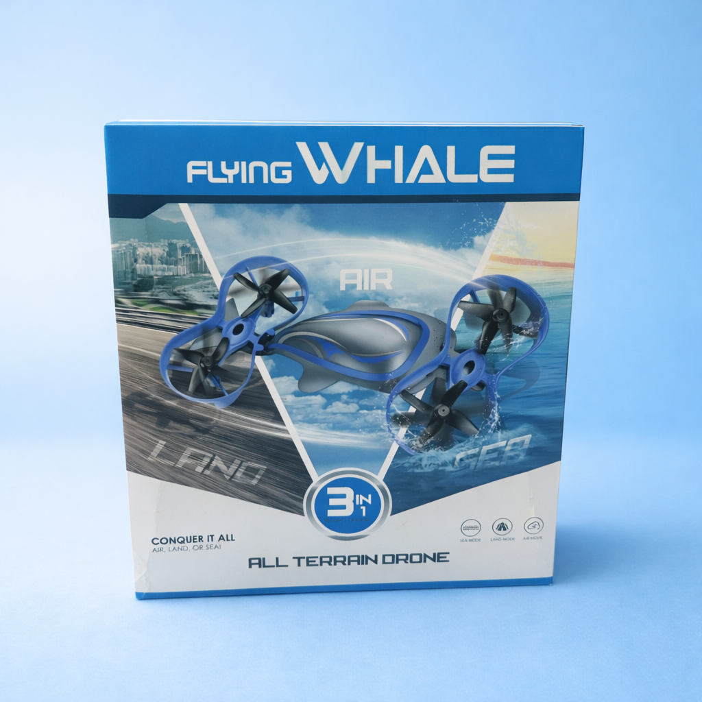 3-in-1 Flying Whale RC Drone Toy for Kids | Air Land Water Remote Control Premium Drone | All Terrain Stunt Quadcopter with Propeller Guard