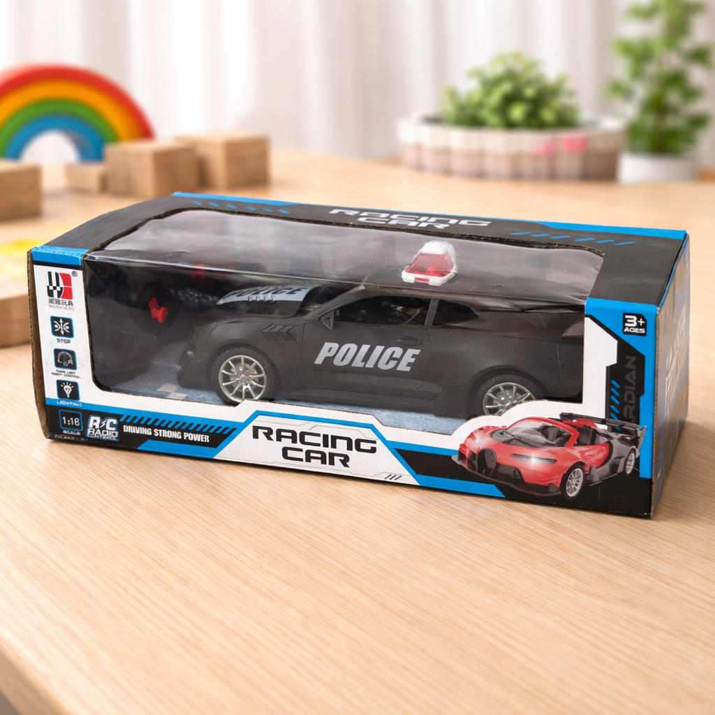 1:18 Scale RC Police Racing Car with Remote Control, Rechargeable Battery & LED Lights – High Speed Toy Car for Kids (3+ Years)