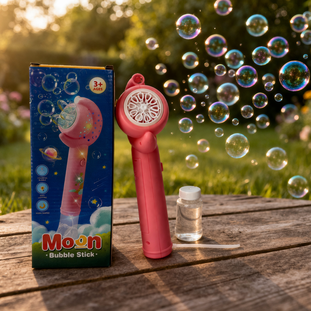 Moon Bubble Stick Toy with Light & Automatic Bubble Maker – Kids Bubble Gun Wand with Solution Bottle | Outdoor Fun Toy for Kids (3+ Years)