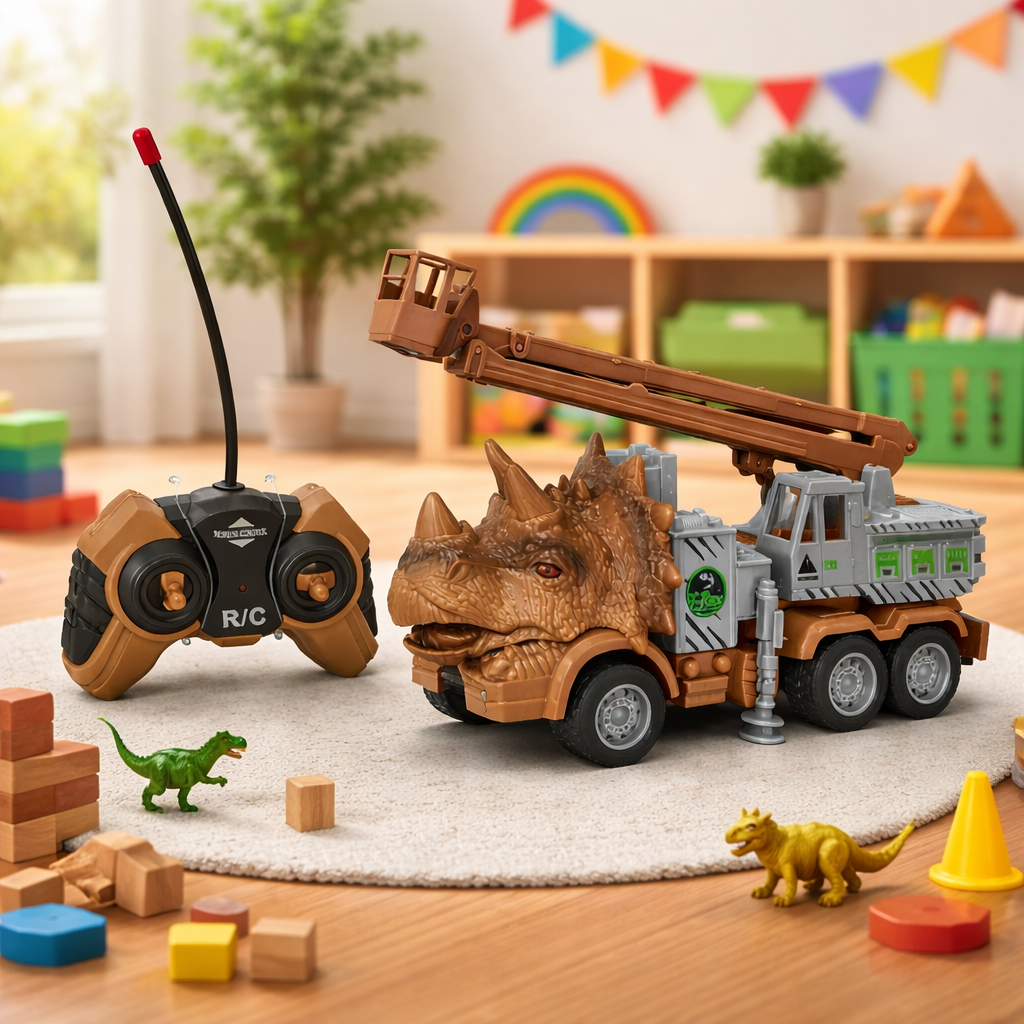 Remote Control Dinosaur Truck Toy with Crane | RC Construction Vehicle for Kids | Rechargeable R/C Dino Truck with Controller (3+ Years)