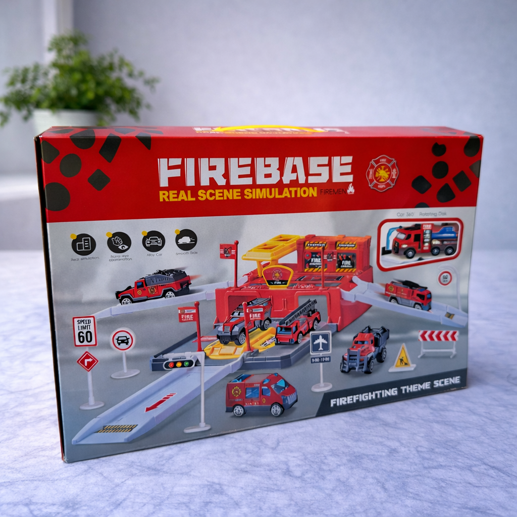 Fire Base Toy Set with Fire Truck & Rotating Track | Kids Firefighter Playset with Vehicles & Accessories (3+ Years)