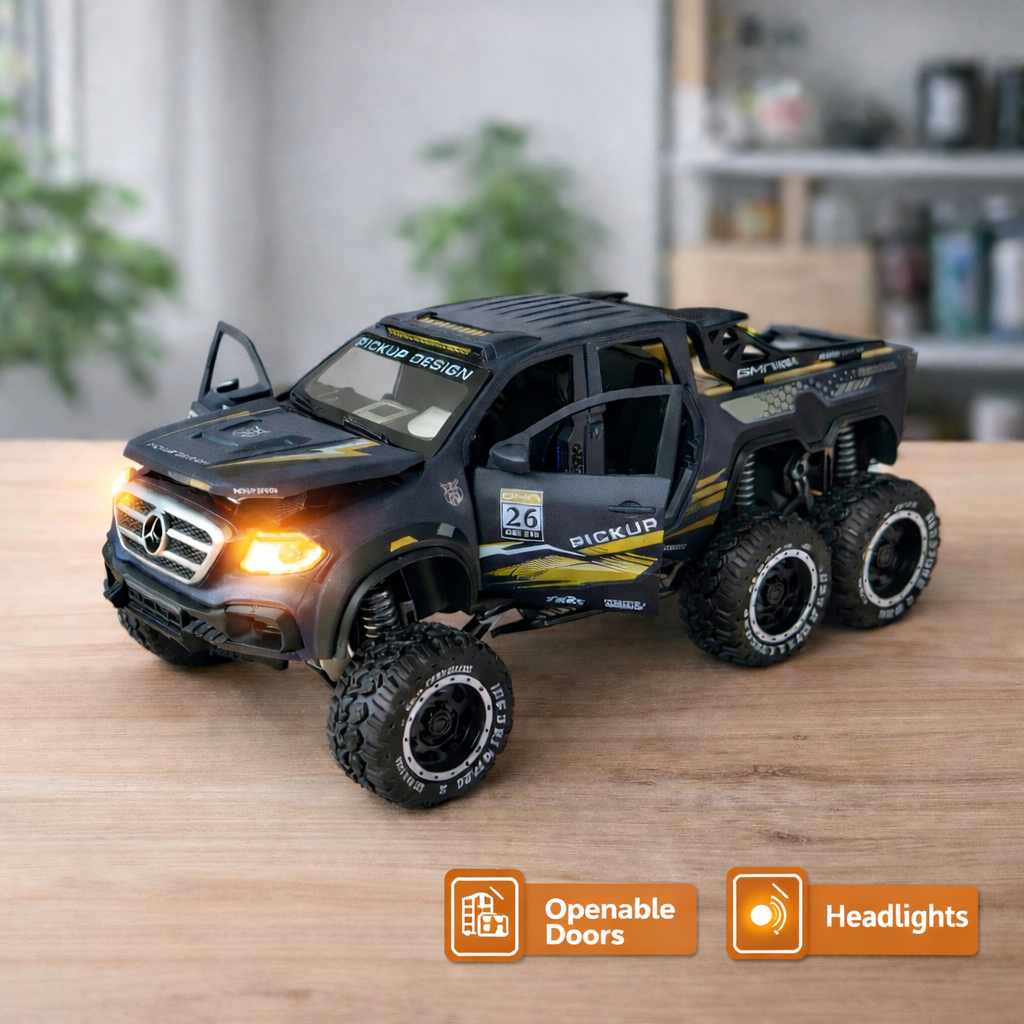 6-Wheel Die-Cast Pickup Truck Toy Car | Alloy Model with Openable Doors, Lights & Sound, Off-Road Kids Toy Vehicle